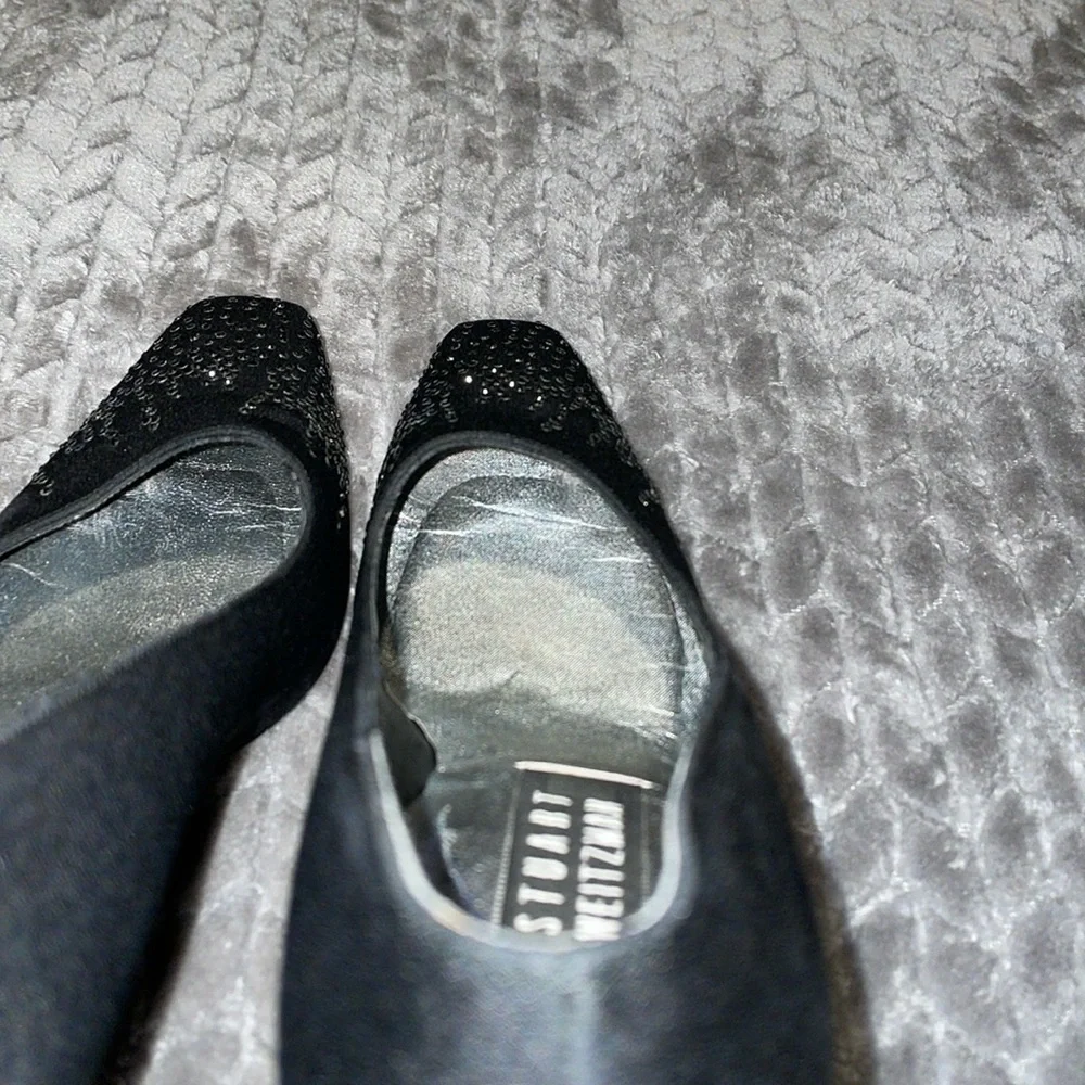 STUART WEITZMAN Black Satin Rhinestone Accents Heels Pumps‎ Sz 6.5.